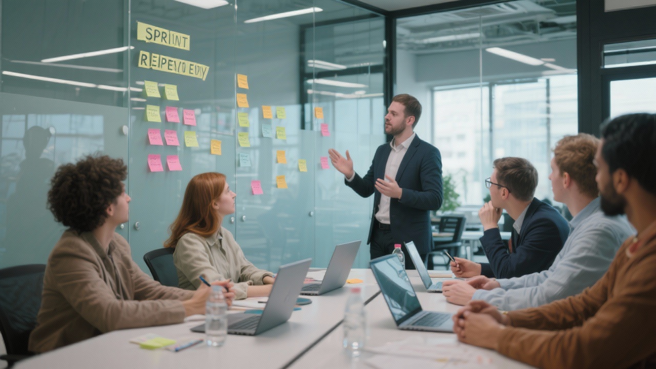 Panoramic photograph of a hybrid team holding a sprint retrospective with sticky notes on a glass board, laptops open, and a facilitator guiding discussion in a modern workspace.