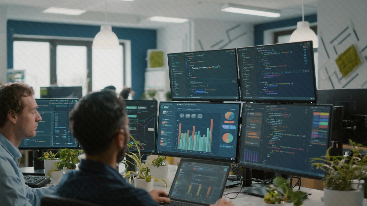 Detailed photograph of developers configuring cloud automations on multi-screen workstations with charts, code editors, and plant accents in a technology hub during an afternoon strategy session.
