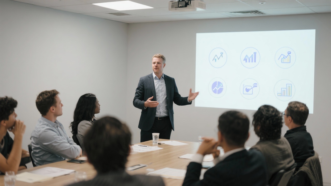 Professional photograph of a consultant speaking to entrepreneurs during a workshop, displaying slide projections with analytics icons in a well-lit conference room.