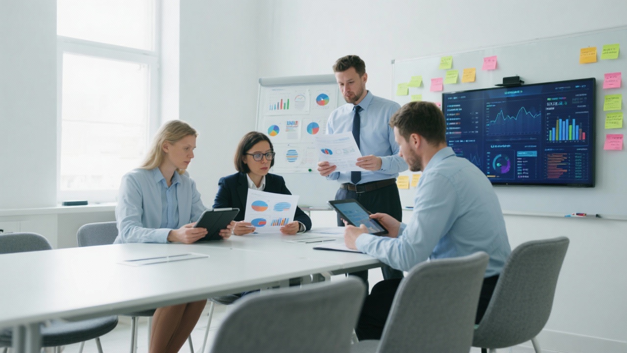 Professional wide-angle photograph of analysts reviewing printed reports and real-time dashboards on tablets in a bright meeting room with contemporary furniture and post-it covered whiteboards in the background.