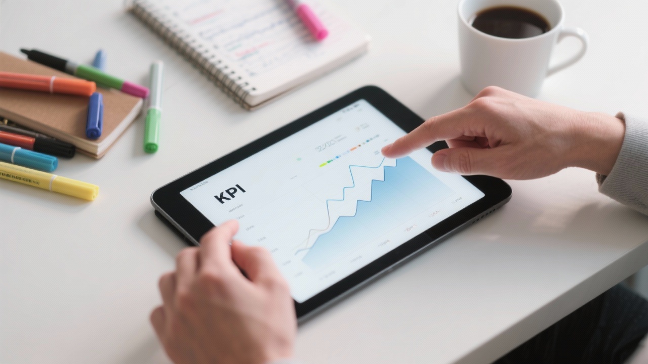 Close-up photograph capturing hands pointing at KPI graphs on a digital tablet alongside annotated notebooks, coloured markers, and a coffee cup in a minimalist workspace.