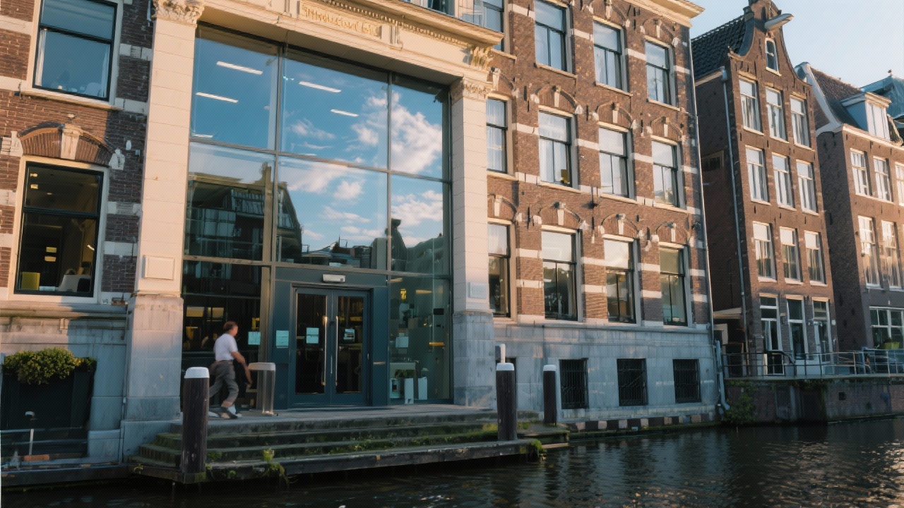 Authentic image of Amsterdam canal-side office exterior with historical architecture and glass entrance reflecting the sky during an early morning business commute.